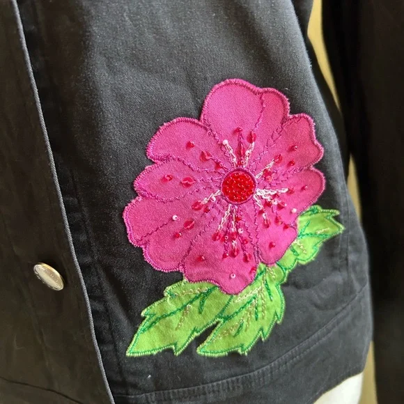 Vintage ESCADA Floral Embroidered Beaded Black Jacket + straight leg Pant SET 34